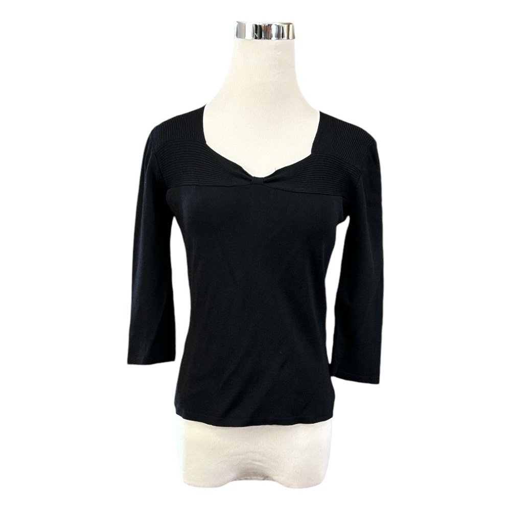 JAC Black Ribbed Women's Sweater Knit Twist Neckline 3/4 Sleeve Size Medium